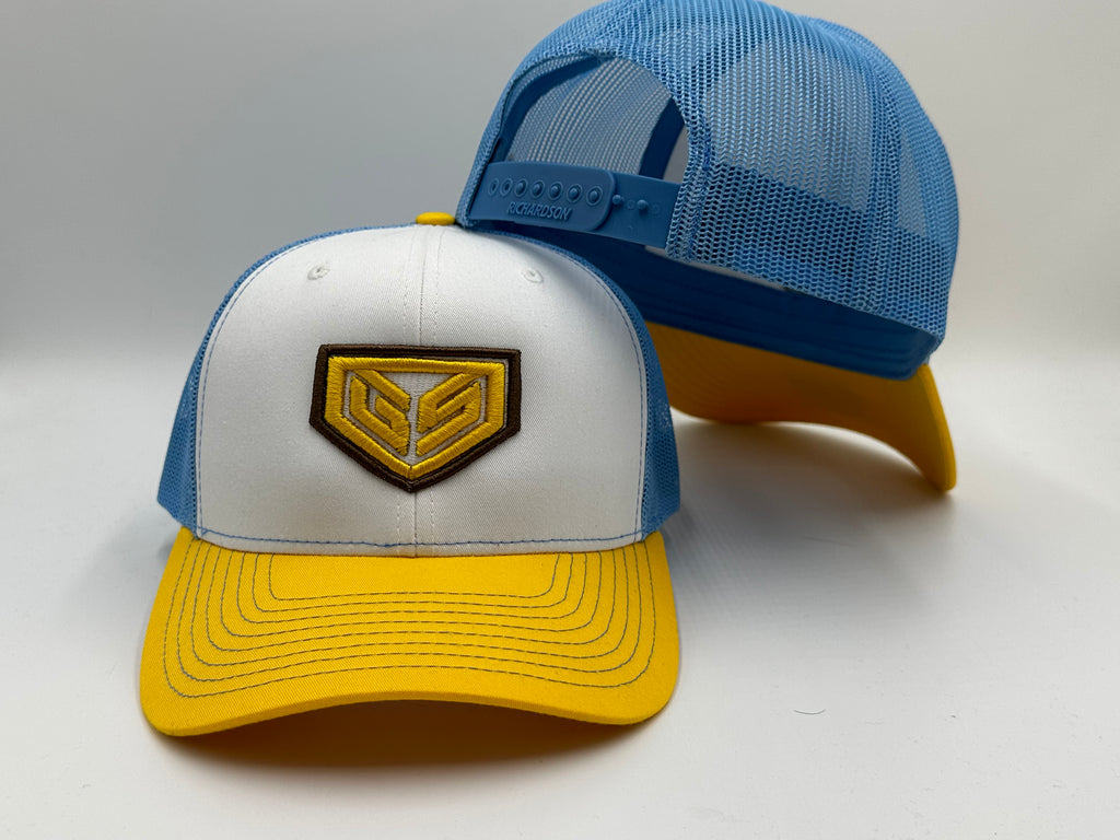 GS Crest 112 Snapback Hat - Yellow / Baby Blue with Brown logo