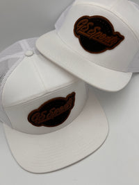 GS Sports Lifestyle Flatbill Snapback Hat - White with Tan Leather Patch