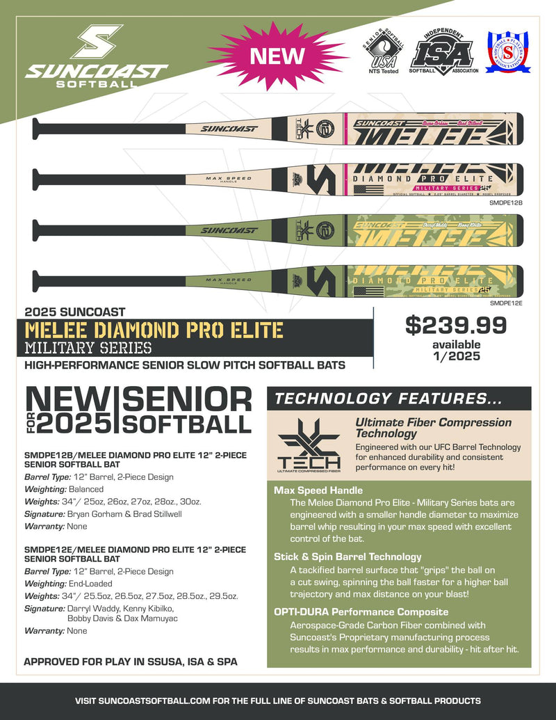 2025 Suncoast Melee Diamond Pro Elite 12" Balanced 2PC Senior Softball Bat