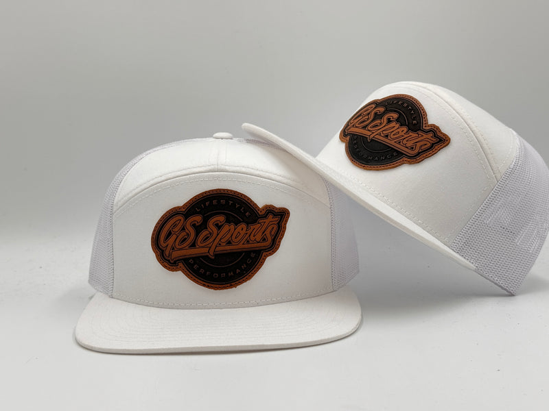 GS Sports Lifestyle Flatbill Snapback Hat - White with Tan Leather Patch