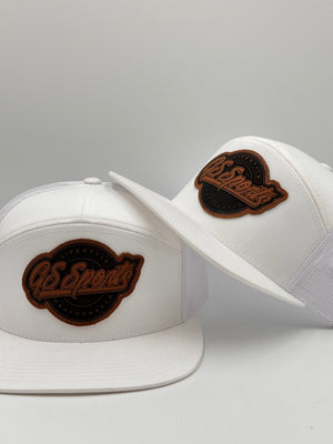 GS Sports Lifestyle Flatbill Snapback Hat - White with Tan Leather Patch