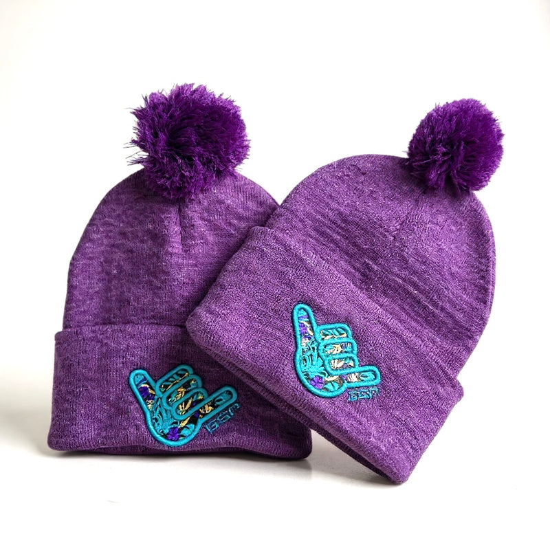 GS Sports Floral Shaka Pom Pom Beanie - Heather Purple with Turquoise