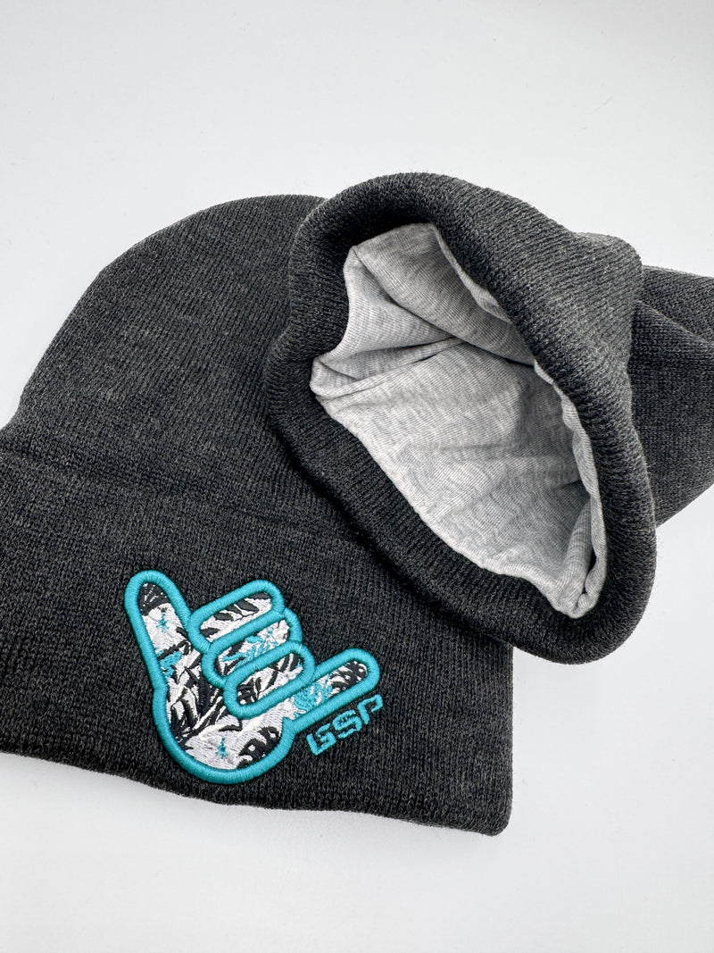 GS Sports Floral Shaka Lined Beanie - Charcoal with Turquoise