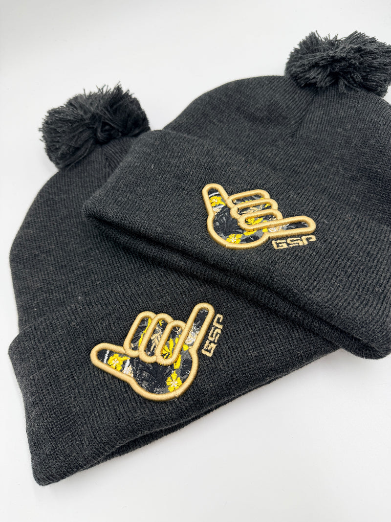GS Sports Floral Shaka Pom Pom Beanie - Heather Charcoal with Vegas