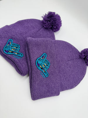 GS Sports Floral Shaka Pom Pom Beanie - Heather Purple with Turquoise