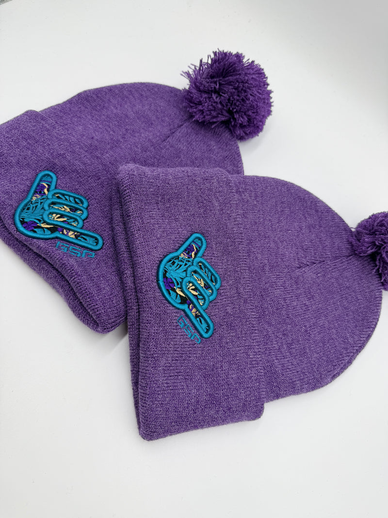 GS Sports Floral Shaka Pom Pom Beanie - Heather Purple with Turquoise