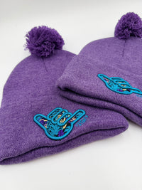 GS Sports Floral Shaka Pom Pom Beanie - Heather Purple with Turquoise