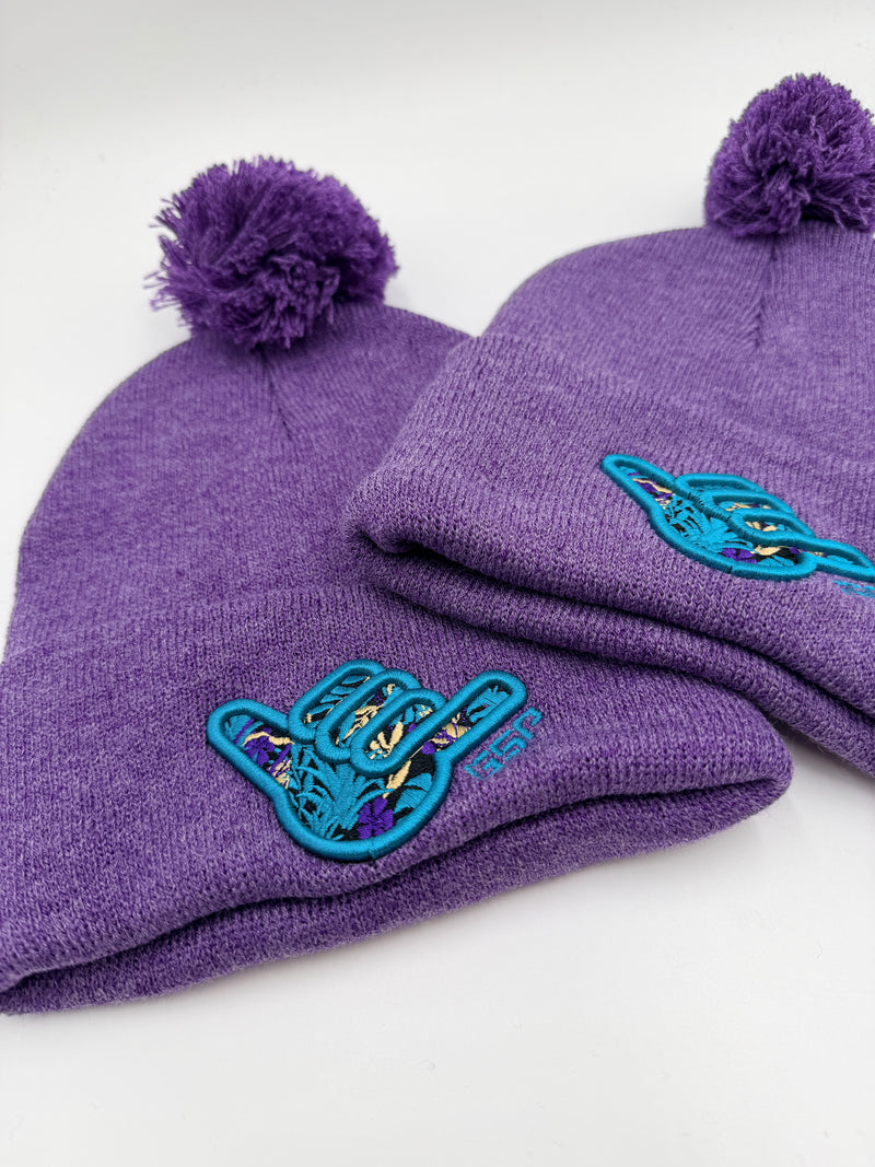 GS Sports Floral Shaka Pom Pom Beanie - Heather Purple with Turquoise