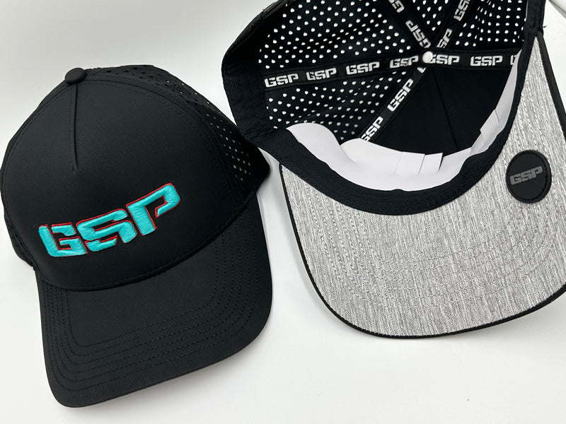 GSP Icon Lifestyle 5 Panel Snapback Hat - Black with Teal Red