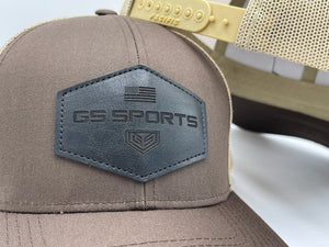GS Sports Black Leather Patch Snapback Hat - Brown / Tan