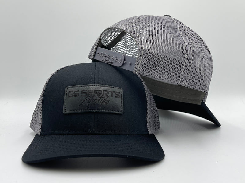 GS Sports Lifestyle Black Leather Patch Snapback Hat - Black / Charcoal