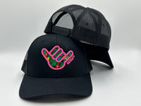 GS Sports Floral Shaka Snapback Hat - Black with Neon Pink