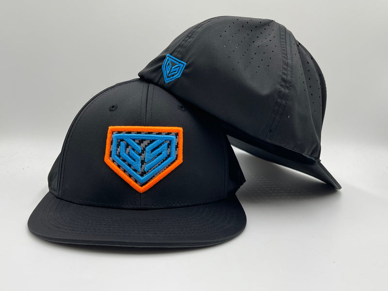 GS Sports Carbon Crest PTS30 Hat - Black with Neon Orange Blue