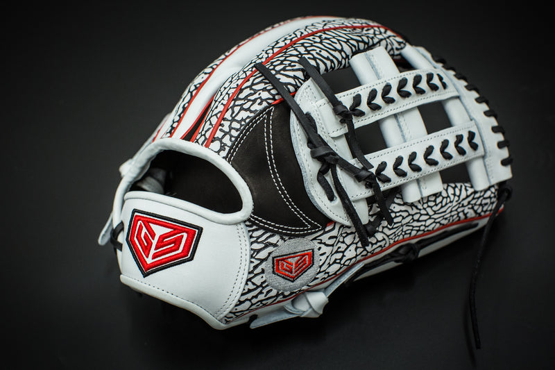 GS Sports Pro Series 13" 13.5" 14" Laced H Web Ball Glove - White Elephant Print Red Accents
