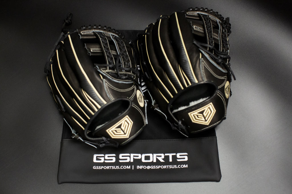 GS Sports Pro Series 13" and 12.5" Laced H Web Ball Glove - Black with Carbon Fiber and Gold