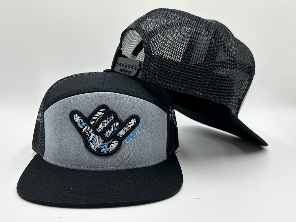 GS Sports Floral Shaka 6 Panel Flatbill Snapback Hat - Heather / Black with Baby Blue