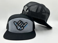 GS Sports Floral Shaka 6 Panel Flatbill Snapback Hat - Heather / Black with Baby Blue